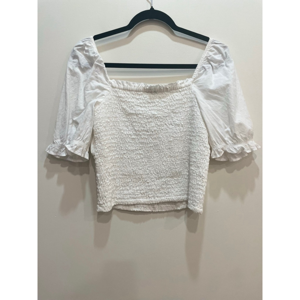 Abercrombie & Fitch White Smocked Milkmaid Crop Top L Babydoll Cotton Coquette - Picture 4 of 5